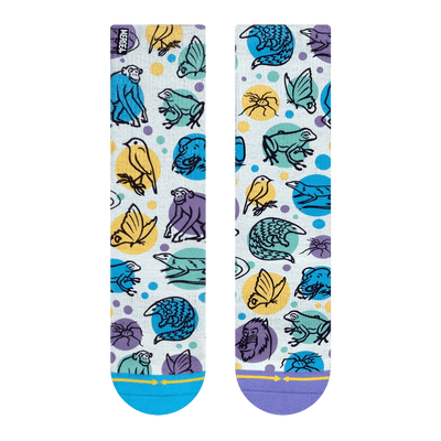 Jane Goodall, endangered species, frog, butterfly, spider, armadillo, monkey, chimp, salamander, gecko, stenciled, colorful spots, white, blue, polka dots