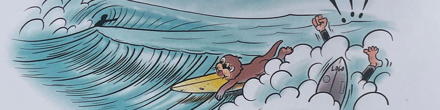 otter floating next to a surfboard in the water mischieviously
