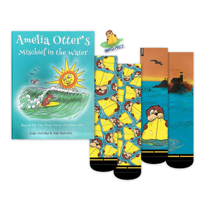 Amelia Otter's Mischief in the Water book with matching socks and stickers on a white background