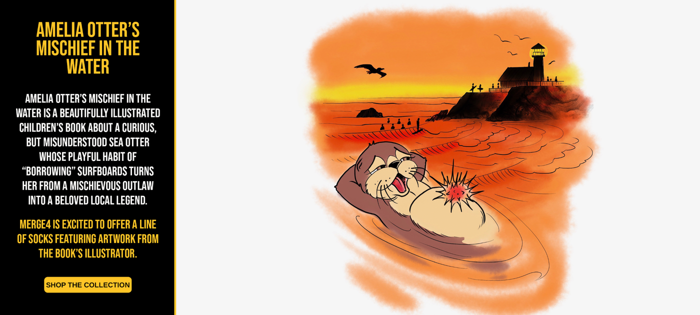 Illustration of a cute sea lion with a sea urchin surrounded by a sunset scene with a lighthouse.