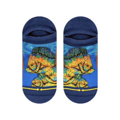 Ankle socks, blue ocean, yellow fish, deep blue toes and heels. 