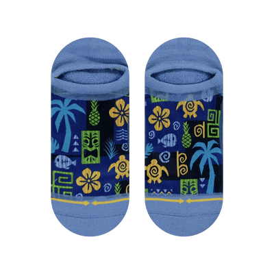 Aloha Ahiahi no show, ankle socks, blue turtle, tiki, pineapple, elastic cuff.