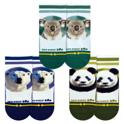 panda, koala, polar bear, green, blue, purple, wildlife, conservation, san diego, baby socks, infant socks, white, green, bears, 3 pack, new born