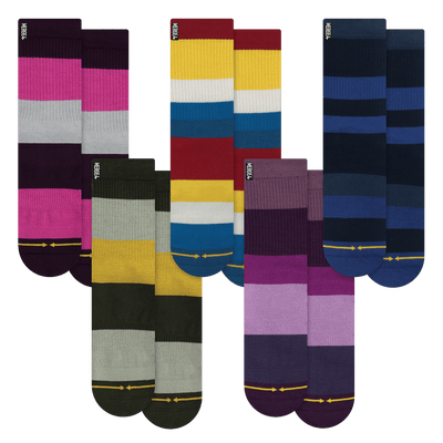 striped sock collection, collectables, blue, purple, pink, gray, multi colored.