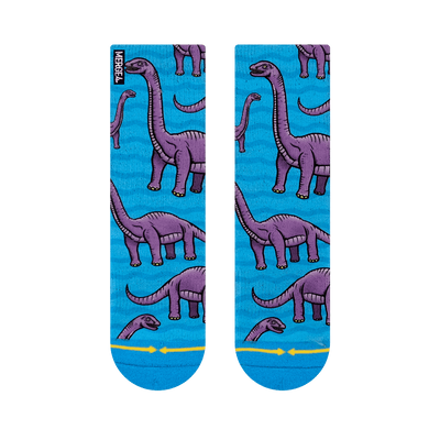 kid, blue, wave, blue, purple dinosaur, long neck, 4 legs, crew socks, famous dino.