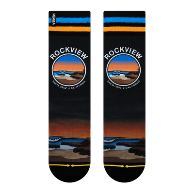 crew sock, black, orange, slider, rock view, surf spot, Santa Cruz. slider town