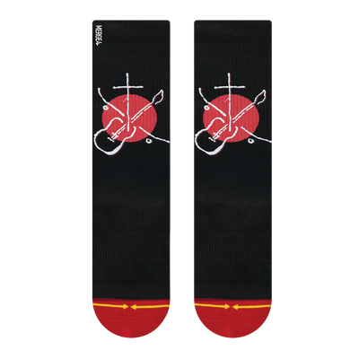 black sock, red tow, white guitar cross, skateboard, red circle.
