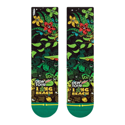 Dew tour, mountain dew, skate, 2019, 2020, 2021. leaf, green red, wheels, long beach flower with eyes.