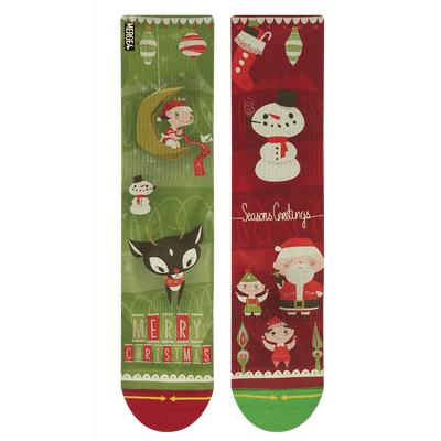 Holiday socks, Christmas, red with green toe, green with red toe, white snowman, Santa, reindeer, elves, Christmas spirit.