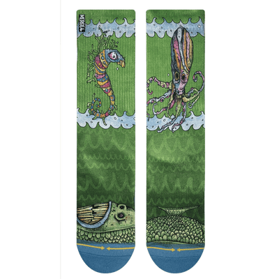 Green Crew Socks, blue toes, fish, predator fish, squid, sea horse, waves, blue tips.